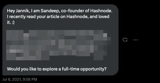 DM from Sandeep Panda on X reaching out about Hashnode