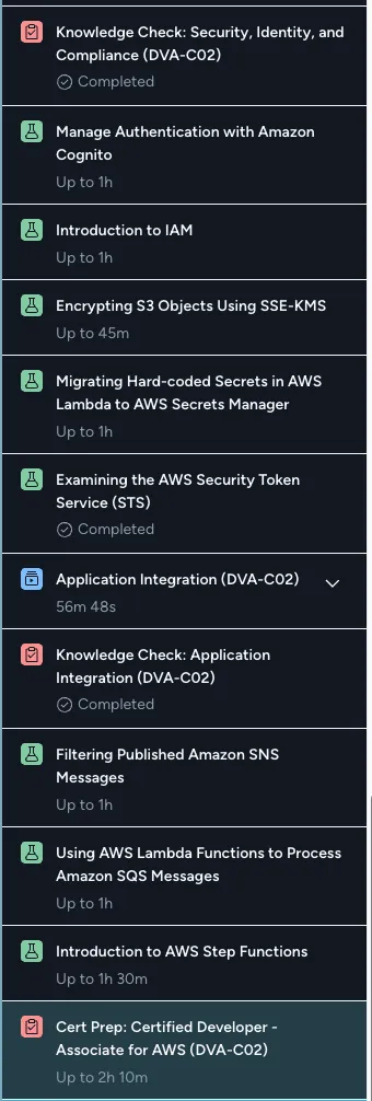 Screenshot of the qa.com course dashboard with knowledge checks