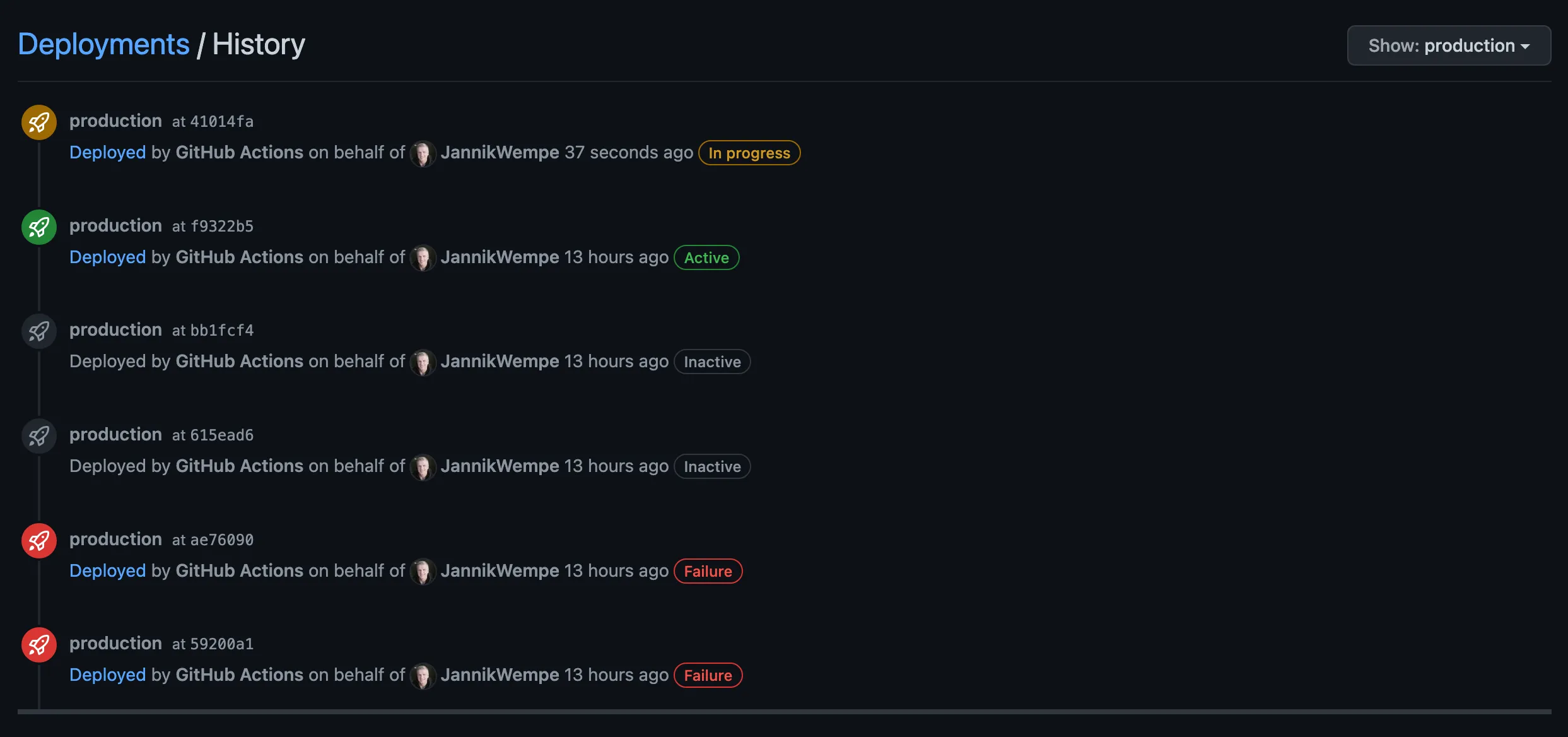 The deployment history for the production environment in the GitHub UI.