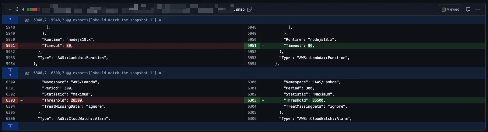 Screenshot from a GitHub pull request that shows a diff in an updated snapshot test file.