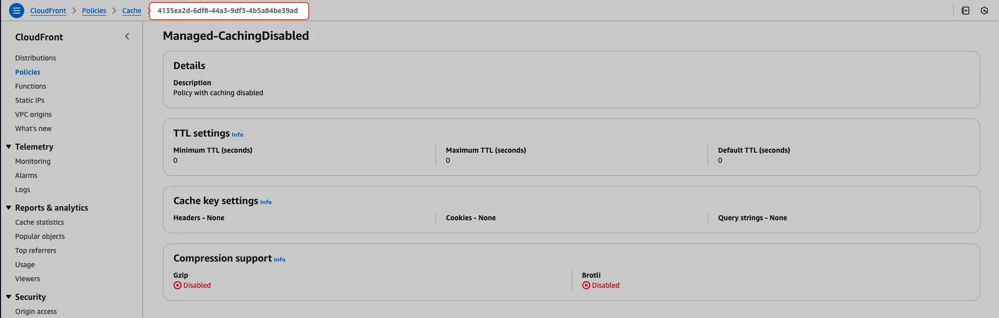 Screenshot showing how to find a CloudFront Policy ID in the AWS Console