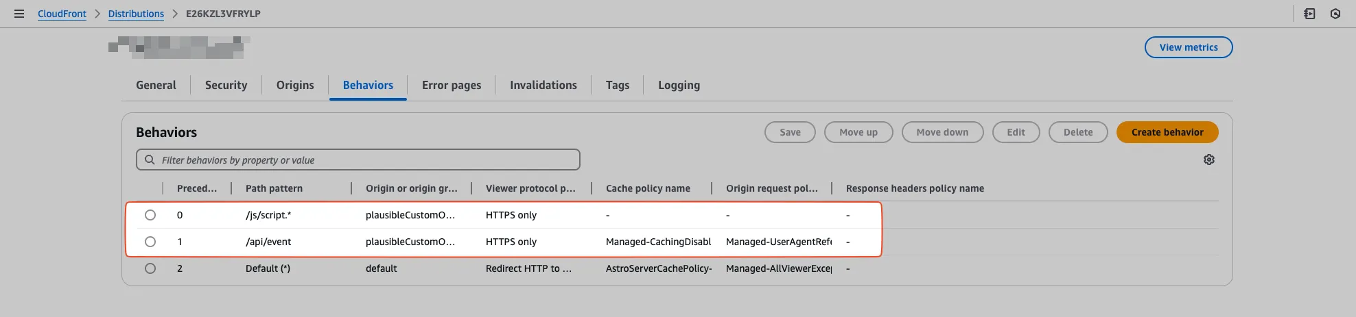 Screenshot showing 3 behaviors attached to a CloudFront distribution