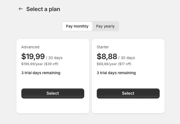 Screenshot showing the Shopify Managed Pricing page with current plan being deleted
