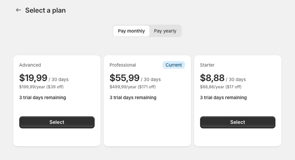 Screenshot showing the Shopify Managed Pricing page with the plan the customer is subscribed to