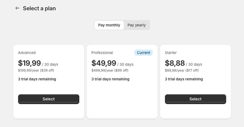 Screenshot showing the Shopify Managed Pricing page with the plan the customer is subscribed to